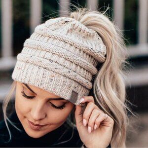 C.C. Pink Ponytail Beanie Knitting Wool Hat